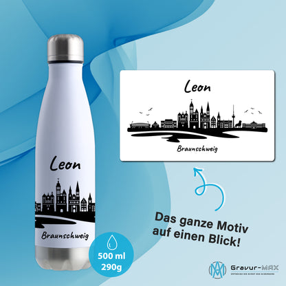Trinkflasche in Weiß/Silber 500ml aus Edelstahl bedruckt mit der Skyline von Braunschweig personalisierbar mit Wunschname