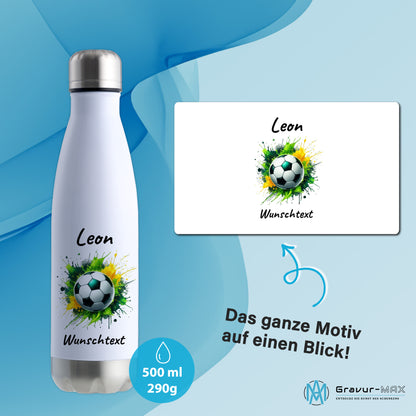 Thermoflasche 500ml in Weiß/Silber aus Edelstahl bedruckt "Fußball" Motiv11 personalisierbar mit Wunschname & Text