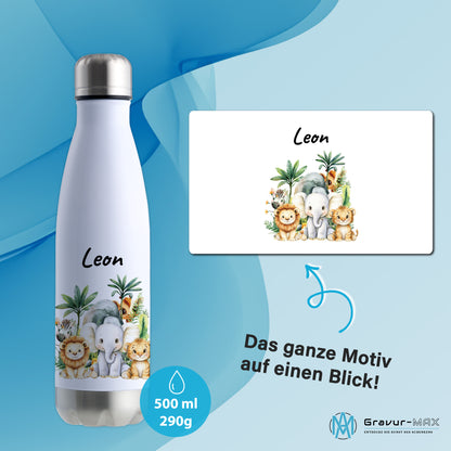 Trinkflasche in Weiß/Silber 500ml aus Edelstahl bedruckt mit Dschungel Tieren"Dschungel Tiere" personalisierbar für Kinder mit Wunschname