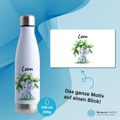 Trinkflasche in Weiß/Silber 500ml aus Edelstahl bedruckt mit Dschungel Tieren"Nashorn" personalisierbar für Kinder mit Wunschname