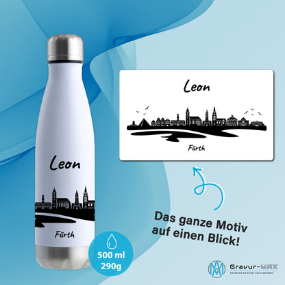 Trinkflasche in Weiß/Silber 500ml aus Edelstahl bedruckt mit der Skyline von Fürth personalisierbar mit Wunschname