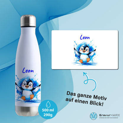 Trinkflasche in Weiß/Silber 500ml aus Edelstahl bedruckt mit niedlichen Tieren "Pinguin" personalisierbar für Kinder mit Wunschname