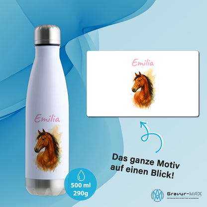 Thermoflasche 500ml in Weiß/Silber bedruckt mit tollen Motiven für Kinder "Pferd" personalisierbar mit Wunschname