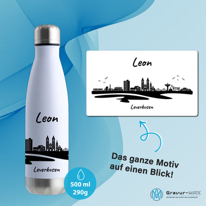 Trinkflasche in Weiß/Silber 500ml aus Edelstahl bedruckt mit der Skyline von Leverkusen personalisierbar mit Wunschname