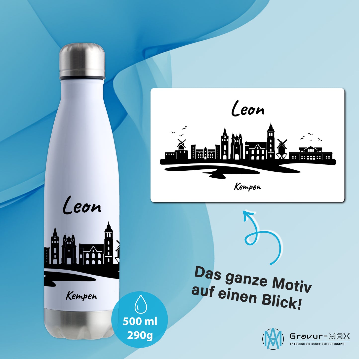 Trinkflasche in Weiß/Silber 500ml aus Edelstahl bedruckt mit der Skyline von Kempen personalisierbar mit Wunschname