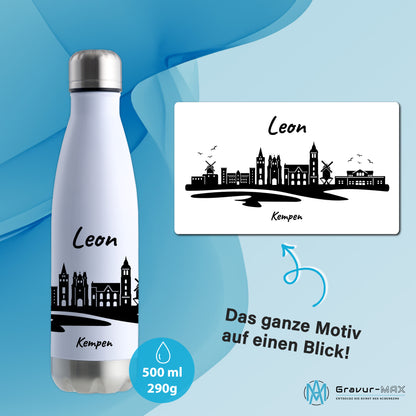 Trinkflasche in Weiß/Silber 500ml aus Edelstahl bedruckt mit der Skyline von Kempen personalisierbar mit Wunschname