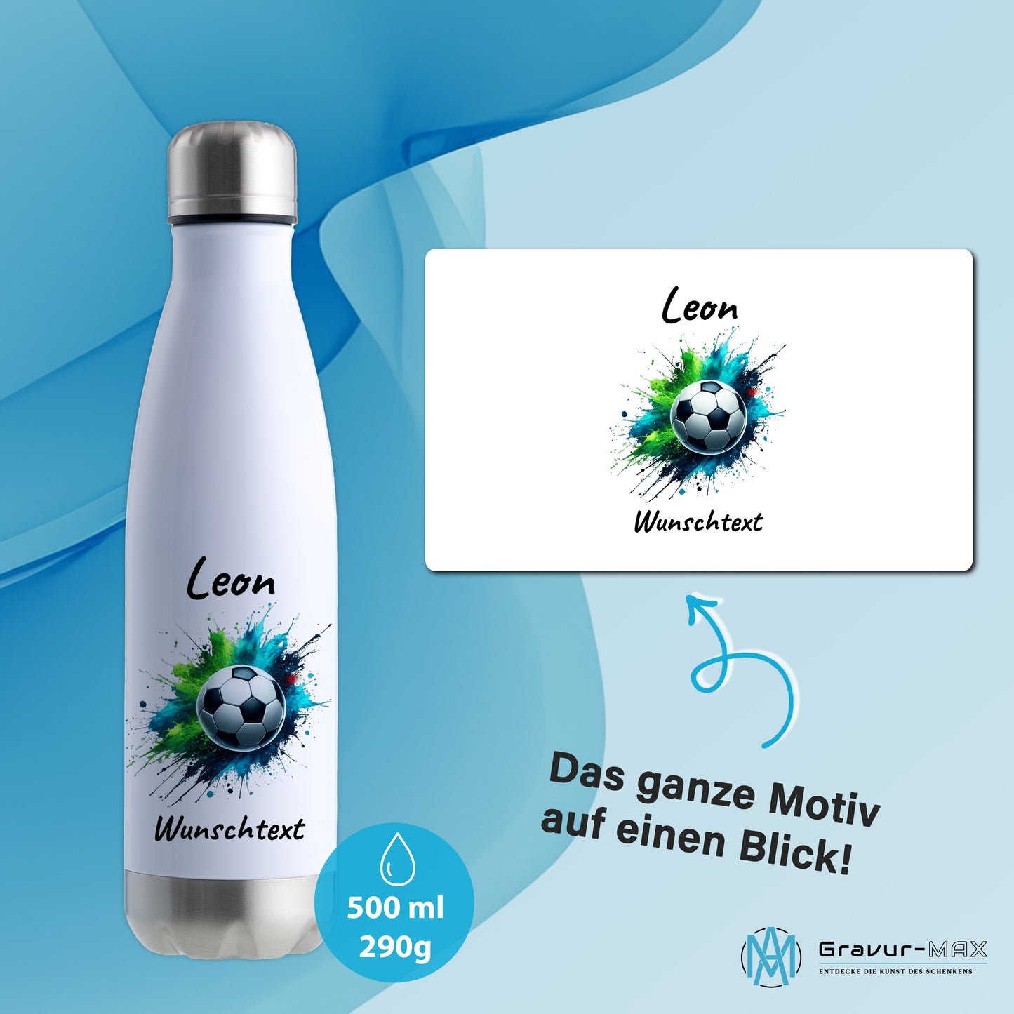 Thermoflasche 500ml in Weiß/Silber aus Edelstahl bedruckt "Fußball" Motiv8 personalisierbar mit Wunschname & Text