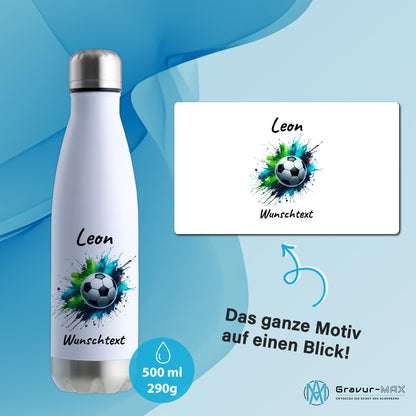Thermoflasche 500ml in Weiß/Silber aus Edelstahl bedruckt "Fußball" Motiv8 personalisierbar mit Wunschname & Text