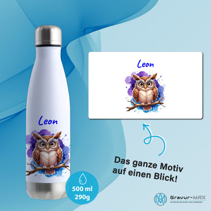 Trinkflasche in Weiß/Silber 500ml aus Edelstahl bedruckt mit niedlichen Tieren "Eule" personalisierbar für Kinder mit Wunschname