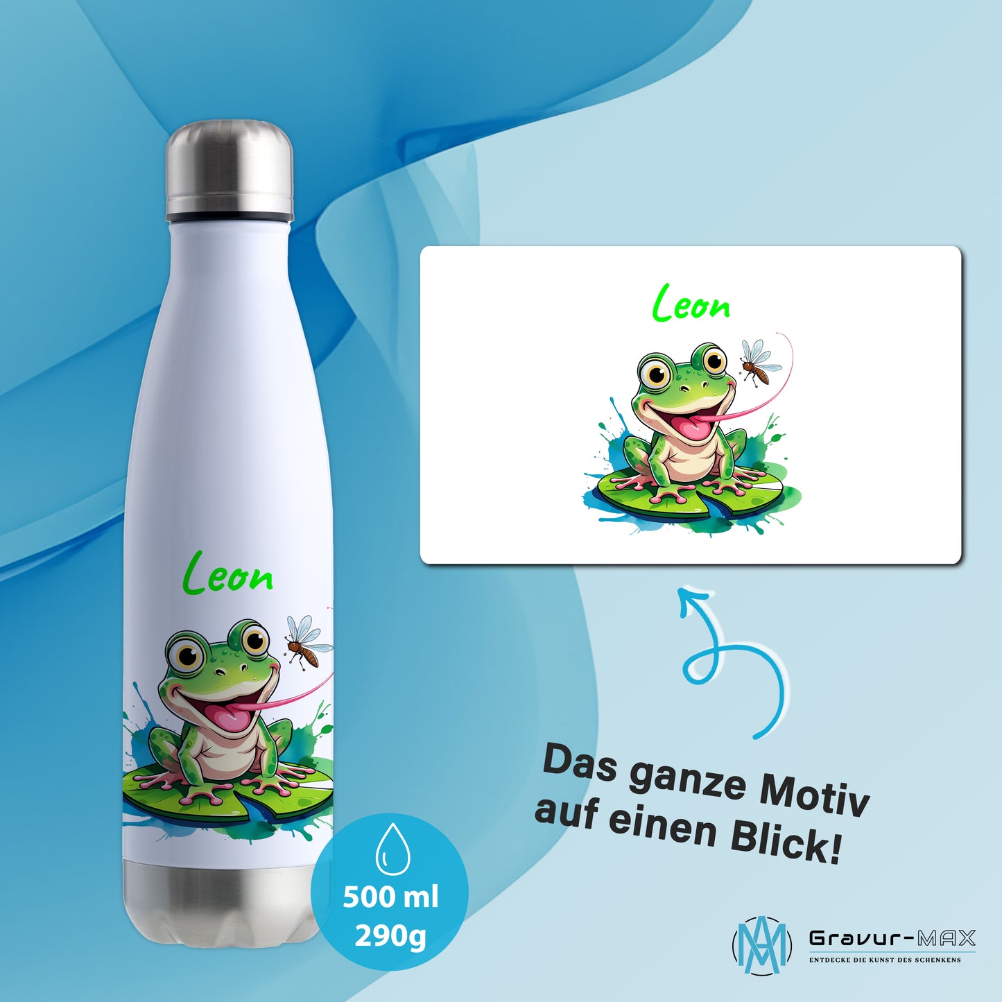 Trinkflasche in Weiß/Silber 500ml aus Edelstahl bedruckt mit niedlichen Tieren "Frosch" personalisierbar für Kinder mit Wunschname