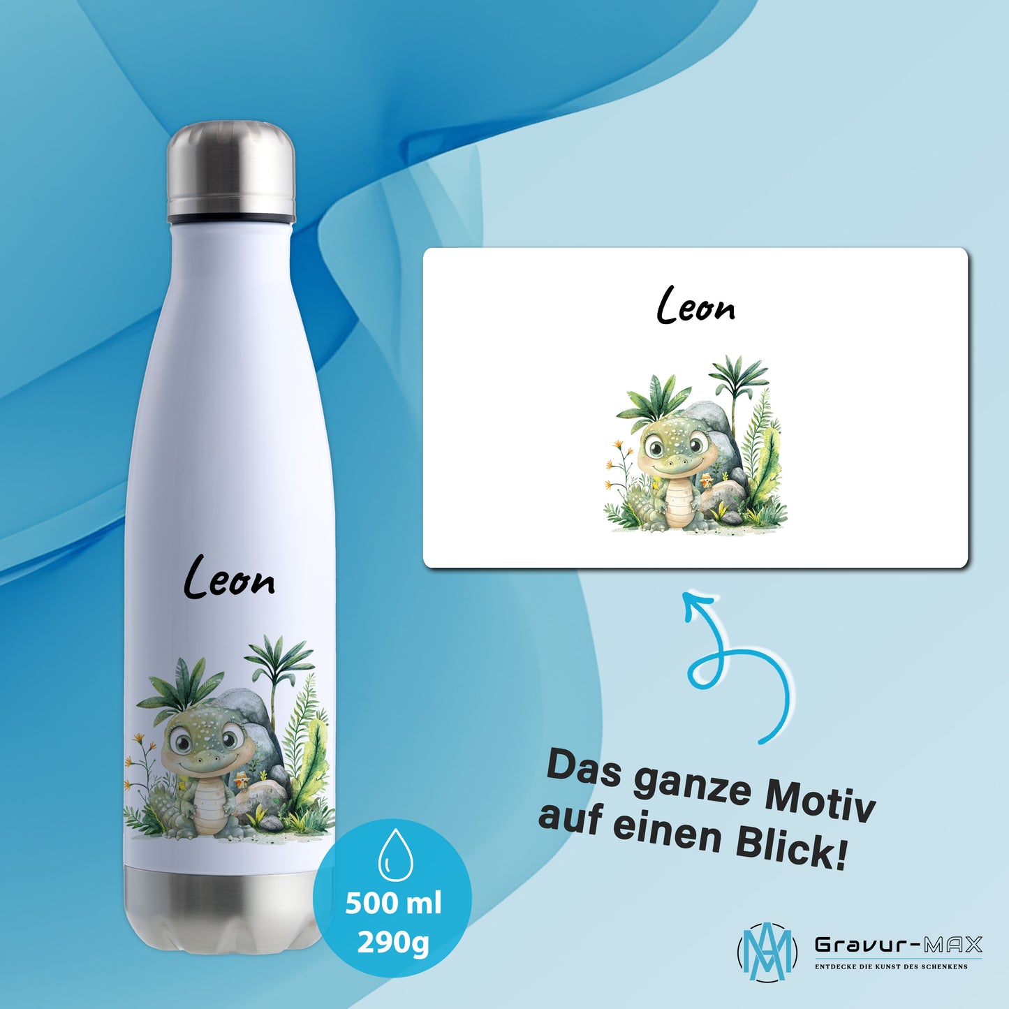 Trinkflasche in Weiß/Silber 500ml aus Edelstahl bedruckt mit Dschungel Tieren"Krokodil" personalisierbar für Kinder mit Wunschname