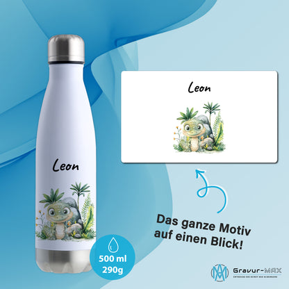 Trinkflasche in Weiß/Silber 500ml aus Edelstahl bedruckt mit Dschungel Tieren"Krokodil" personalisierbar für Kinder mit Wunschname