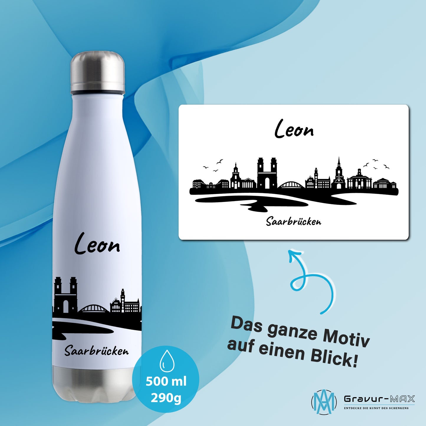Trinkflasche in Weiß/Silber 500ml aus Edelstahl bedruckt mit der Skyline von Saarbrücken personalisierbar mit Wunschname