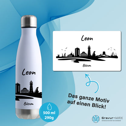 Trinkflasche in Weiß/Silber 500ml aus Edelstahl bedruckt mit der Skyline von Büsum personalisierbar mit Wunschname