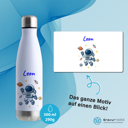 Thermoflasche 500ml in Weiß/Silber bedruckt mit tollen Motiven für Kinder "Astronaut" personalisierbar mit Wunschname