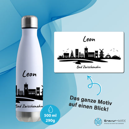 Trinkflasche in Weiß/Silber 500ml aus Edelstahl bedruckt mit der Skyline von Bad Zwischenahn personalisierbar mit Wunschname