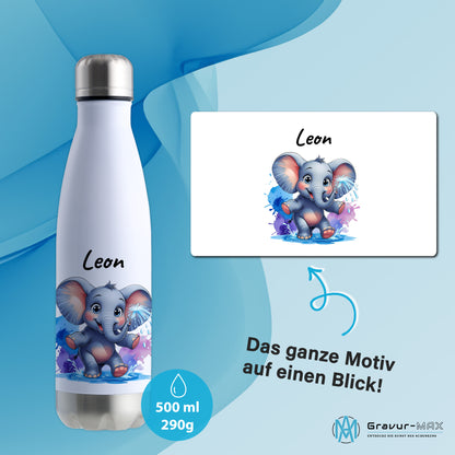 Trinkflasche in Weiß/Silber 500ml aus Edelstahl bedruckt mit niedlichen Tieren "Elefant" personalisierbar für Kinder mit Wunschname