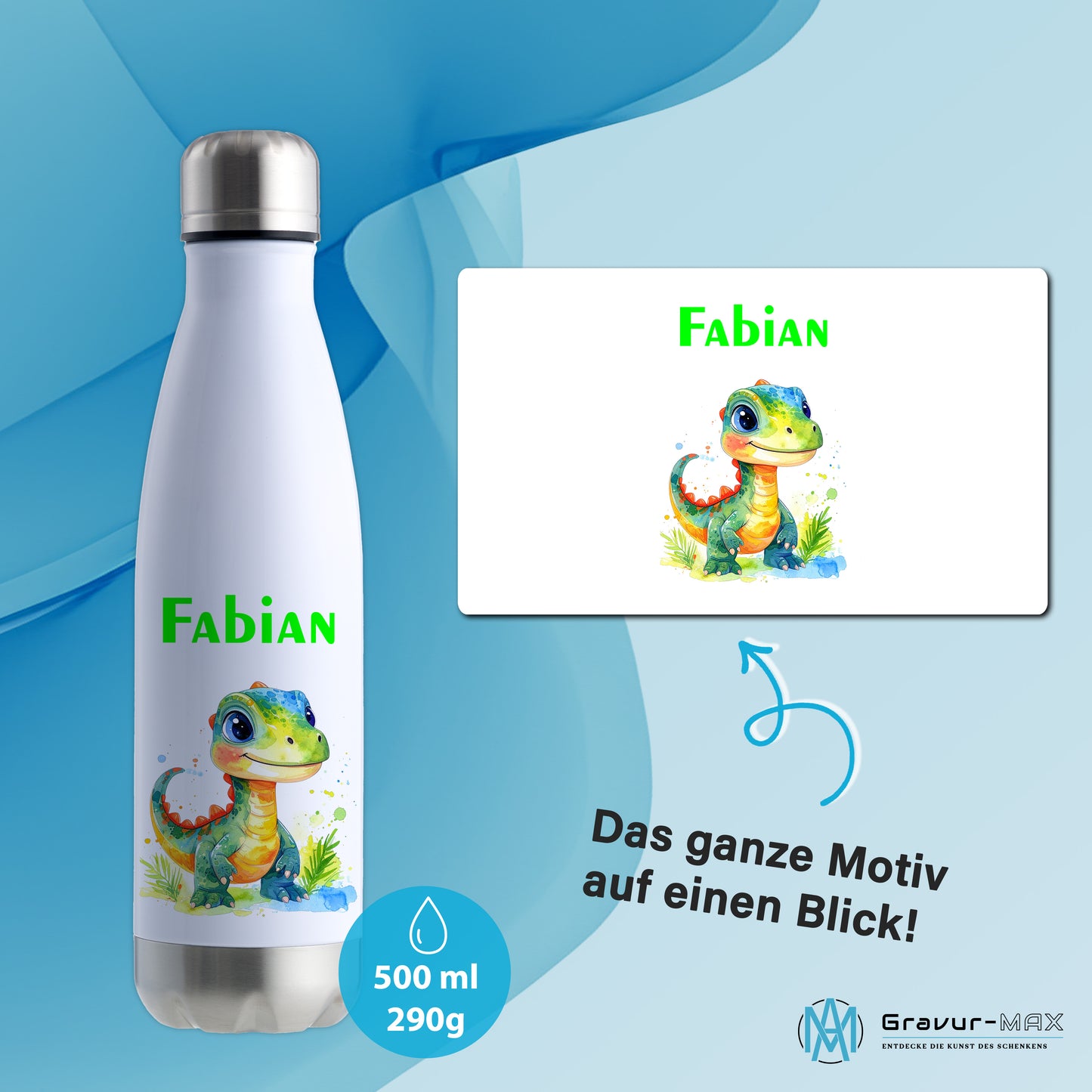 Thermoflasche 500ml in Weiß/Silber bedruckt mit tollen Motiven für Kinder "Dino Kinder" personalisierbar mit Wunschname