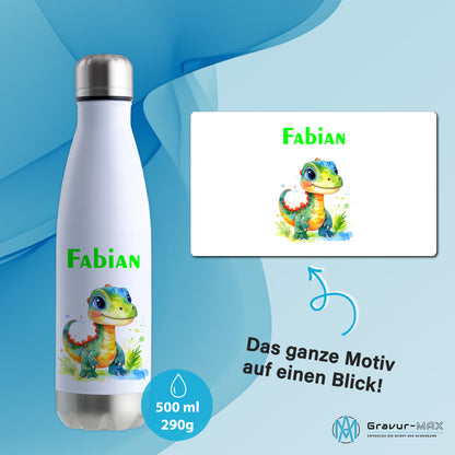 Thermoflasche 500ml in Weiß/Silber bedruckt mit tollen Motiven für Kinder "Dino Kinder" personalisierbar mit Wunschname