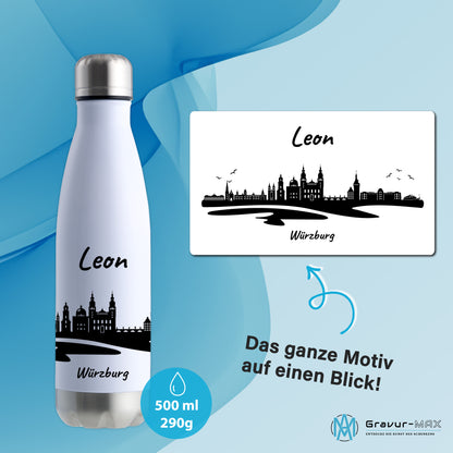 Trinkflasche in Weiß/Silber 500ml aus Edelstahl bedruckt mit der Skyline von Würzburg personalisierbar mit Wunschname