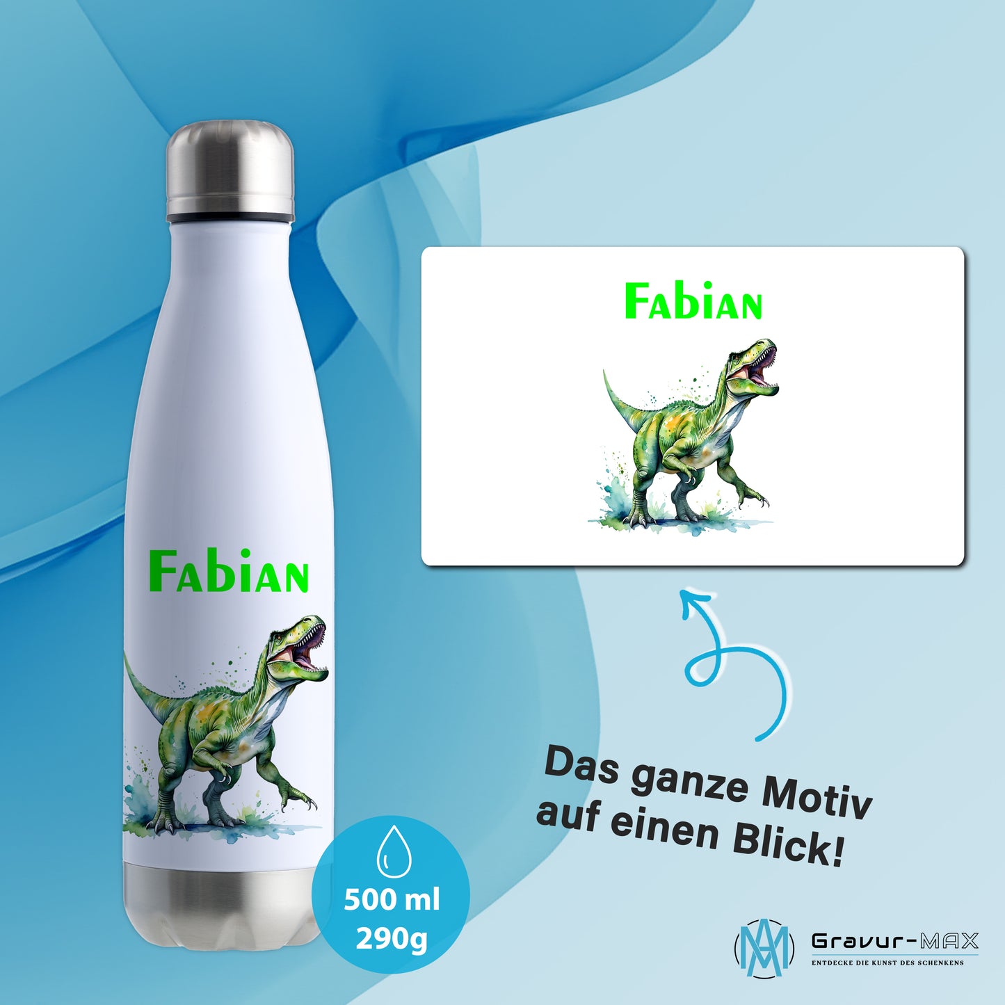 Thermoflasche 500ml in Weiß/Silber bedruckt mit tollen Motiven für Kinder "Dino T-Rex" personalisierbar mit Wunschname