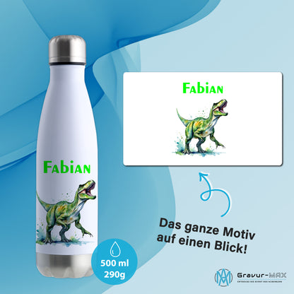 Thermoflasche 500ml in Weiß/Silber bedruckt mit tollen Motiven für Kinder "Dino T-Rex" personalisierbar mit Wunschname