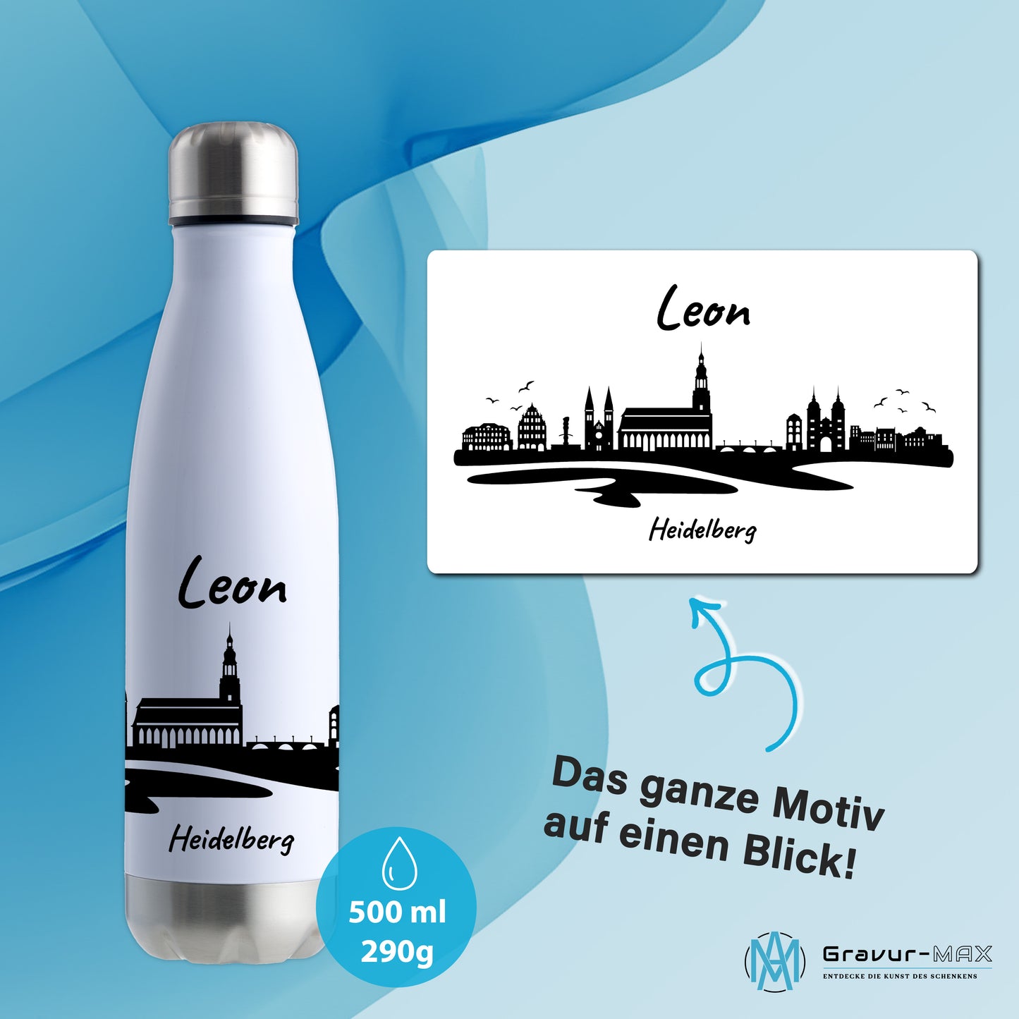 Trinkflasche in Weiß/Silber 500ml aus Edelstahl bedruckt mit der Skyline von Heidelberg personalisierbar mit Wunschname