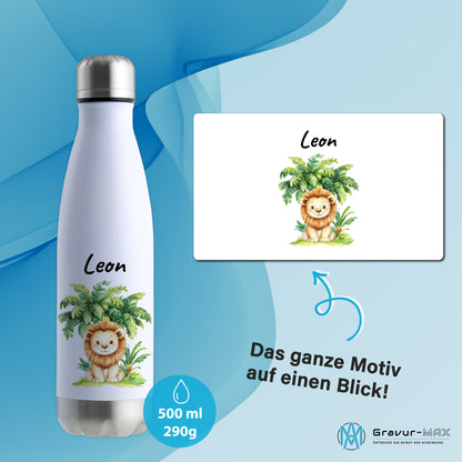 Trinkflasche in Weiß/Silber 500ml aus Edelstahl bedruckt mit Dschungel Tieren"Löwe" personalisierbar für Kinder mit Wunschname