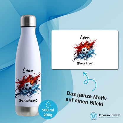 Thermoflasche 500ml in Weiß/Silber aus Edelstahl bedruckt "Fußball" Motiv12 personalisierbar mit Wunschname & Text