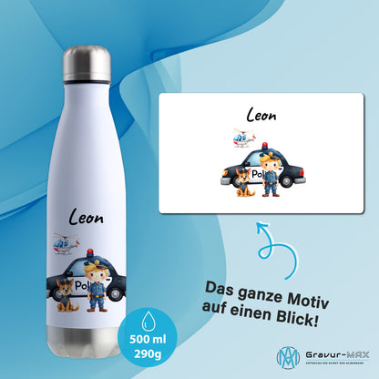 Thermoflasche 500ml in Weiß/Silber bedruckt mit tollen Motiven für Kinder "Polizei" personalisierbar mit Wunschname