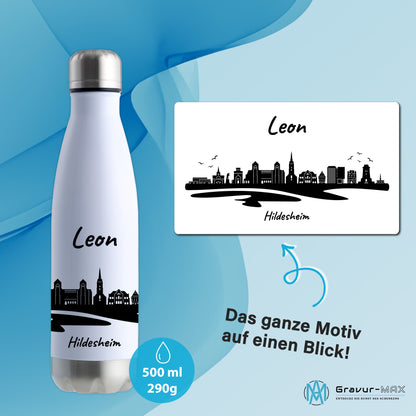 Trinkflasche in Weiß/Silber 500ml aus Edelstahl bedruckt mit der Skyline von Hildesheim personalisierbar mit Wunschname