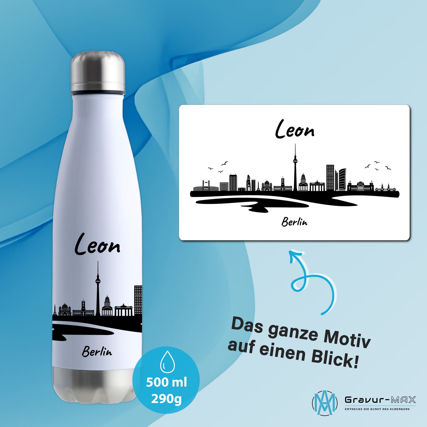 Trinkflasche in Weiß/Silber 500ml aus Edelstahl bedruckt mit der Skyline von Berlin personalisierbar mit Wunschname
