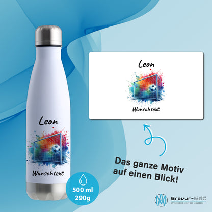 Thermoflasche 500ml in Weiß/Silber aus Edelstahl bedruckt "Fußball" Motiv5 personalisierbar mit Wunschname & Text