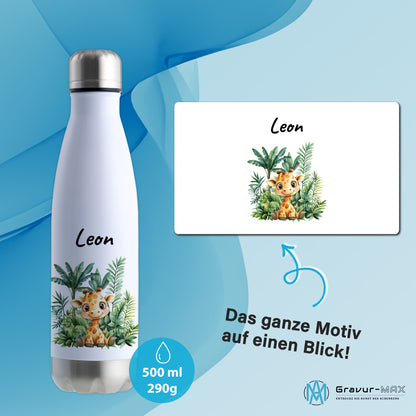Trinkflasche in Weiß/Silber 500ml aus Edelstahl bedruckt mit Dschungel Tieren"Giraffe" personalisierbar für Kinder mit Wunschname