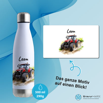 Thermoflasche 500ml in Weiß/Silber bedruckt mit tollen Motiven für Kinder "Traktor" personalisierbar mit Wunschname