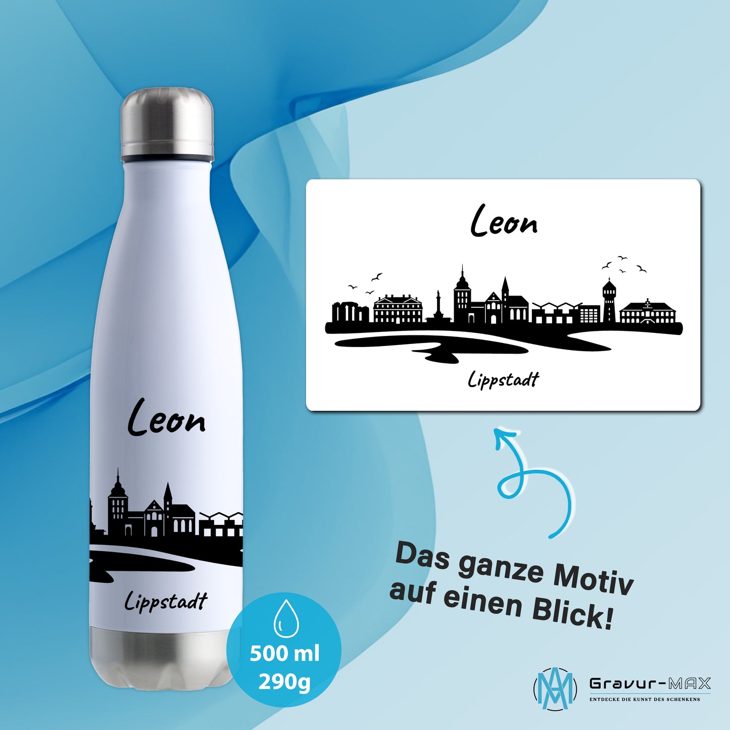 Trinkflasche in Weiß/Silber 500ml aus Edelstahl bedruckt mit der Skyline von Lippstadt personalisierbar mit Wunschname