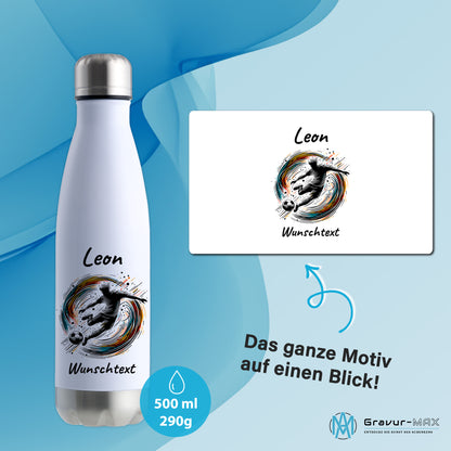 Thermoflasche 500ml in Weiß/Silber aus Edelstahl bedruckt "Fußball" Motiv1 personalisierbar mit Wunschname & Text
