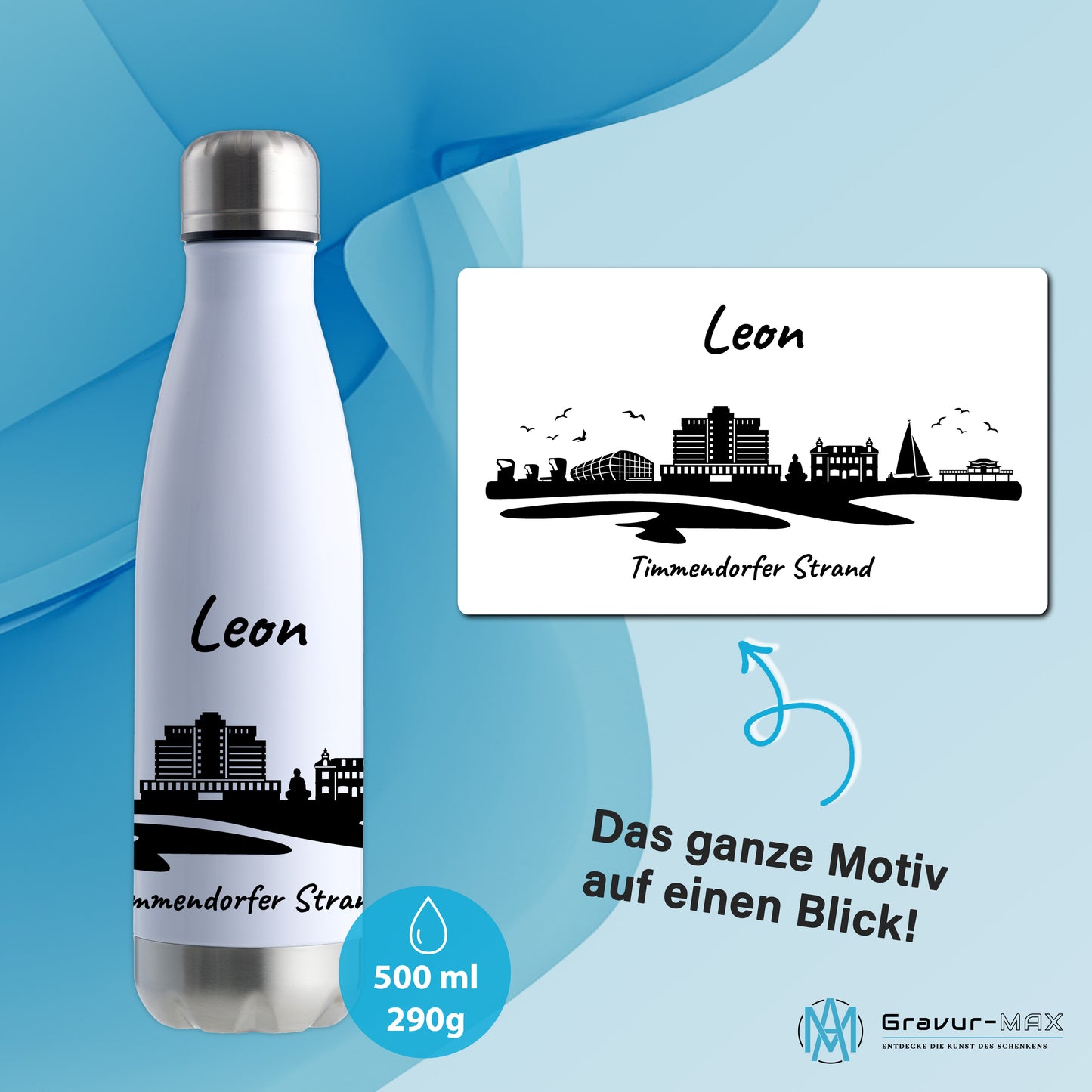 Trinkflasche in Weiß/Silber 500ml aus Edelstahl bedruckt mit der Skyline von Timmendorfer Strand personalisierbar mit Wunschname
