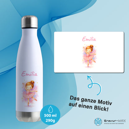 Thermoflasche 500ml in Weiß/Silber bedruckt mit tollen Motiven für Kinder "Ballerina" personalisierbar mit Wunschname