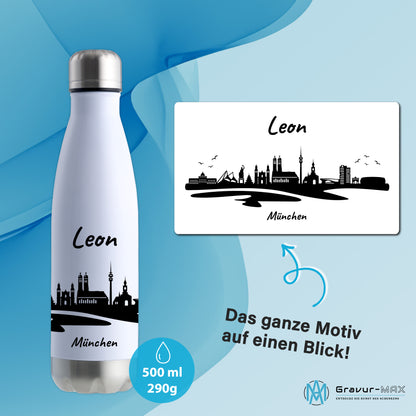 Trinkflasche in Weiß/Silber 500ml aus Edelstahl bedruckt mit der Skyline von München personalisierbar mit Wunschname