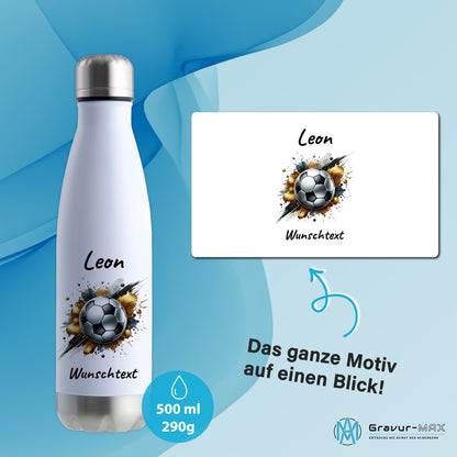 Thermoflasche 500ml in Weiß/Silber aus Edelstahl bedruckt "Fußball" Motiv13 personalisierbar mit Wunschname & Text