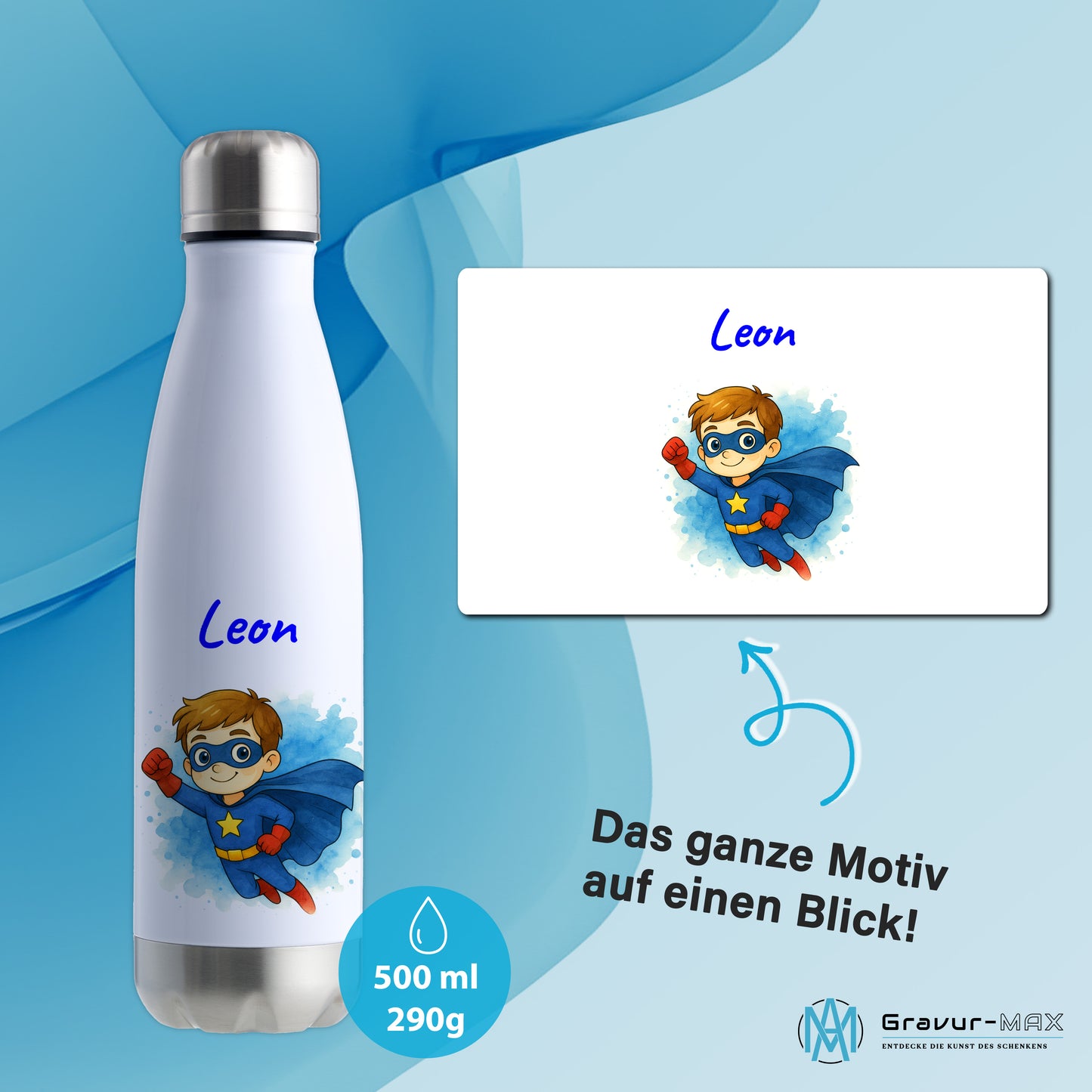 Thermoflasche 500ml in Weiß/Silber bedruckt mit tollen Motiven für Kinder "Superheld" personalisierbar mit Wunschname