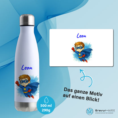Thermoflasche 500ml in Weiß/Silber bedruckt mit tollen Motiven für Kinder "Superheld" personalisierbar mit Wunschname