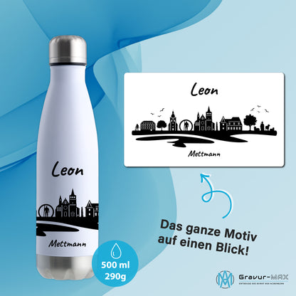 Trinkflasche in Weiß/Silber 500ml aus Edelstahl bedruckt mit der Skyline von Mettmann personalisierbar mit Wunschname