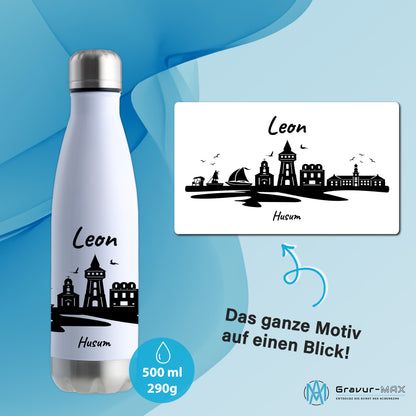 Trinkflasche in Weiß/Silber 500ml aus Edelstahl bedruckt mit der Skyline von Husum personalisierbar mit Wunschname