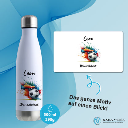 Thermoflasche 500ml in Weiß/Silber aus Edelstahl bedruckt "Fußball" Motiv6 personalisierbar mit Wunschname & Text