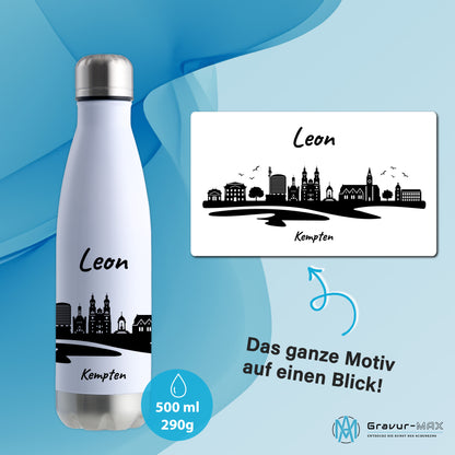 Trinkflasche in Weiß/Silber 500ml aus Edelstahl bedruckt mit der Skyline von Kempten personalisierbar mit Wunschname