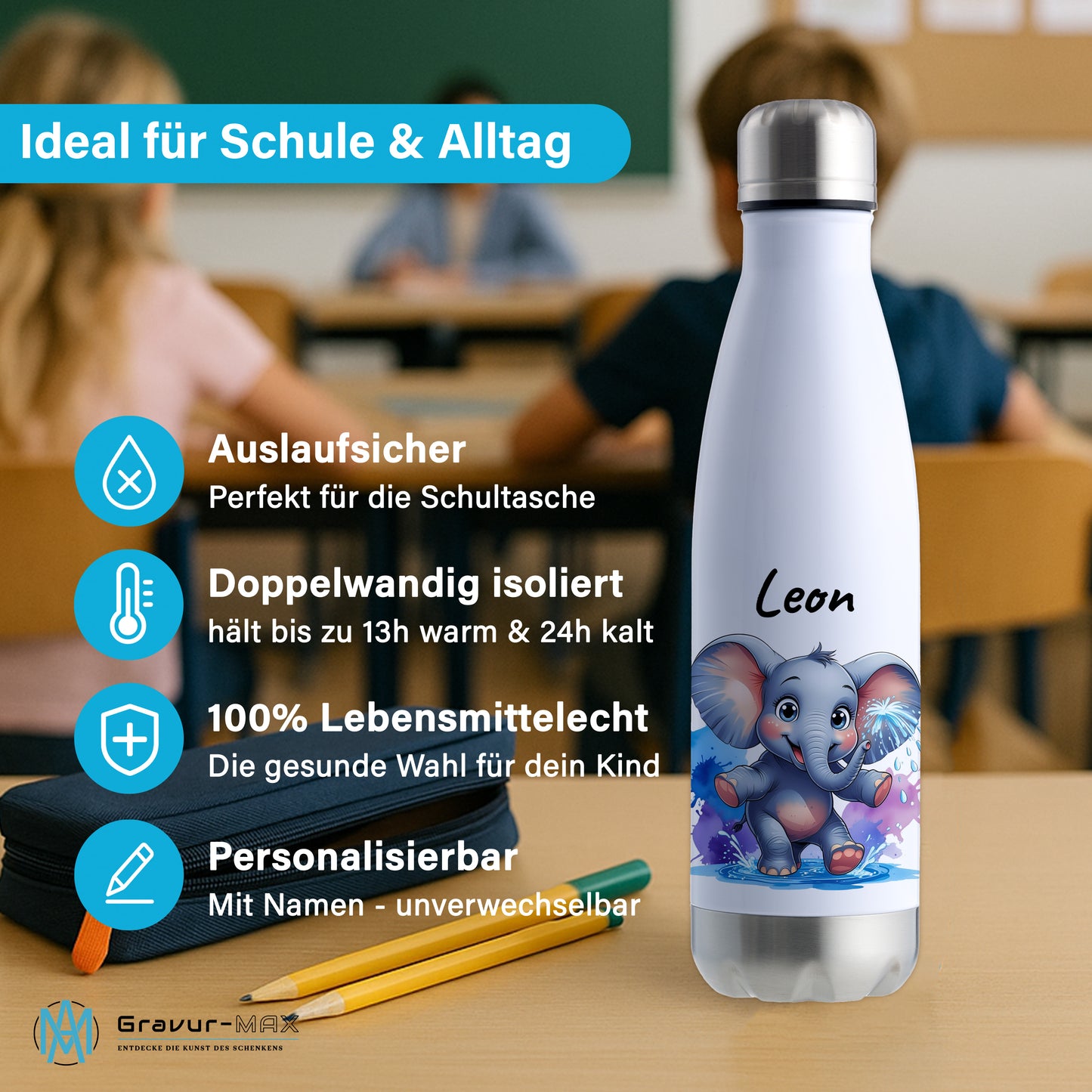 Trinkflasche in Weiß/Silber 500ml aus Edelstahl bedruckt mit niedlichen Tieren "Elefant" personalisierbar für Kinder mit Wunschname