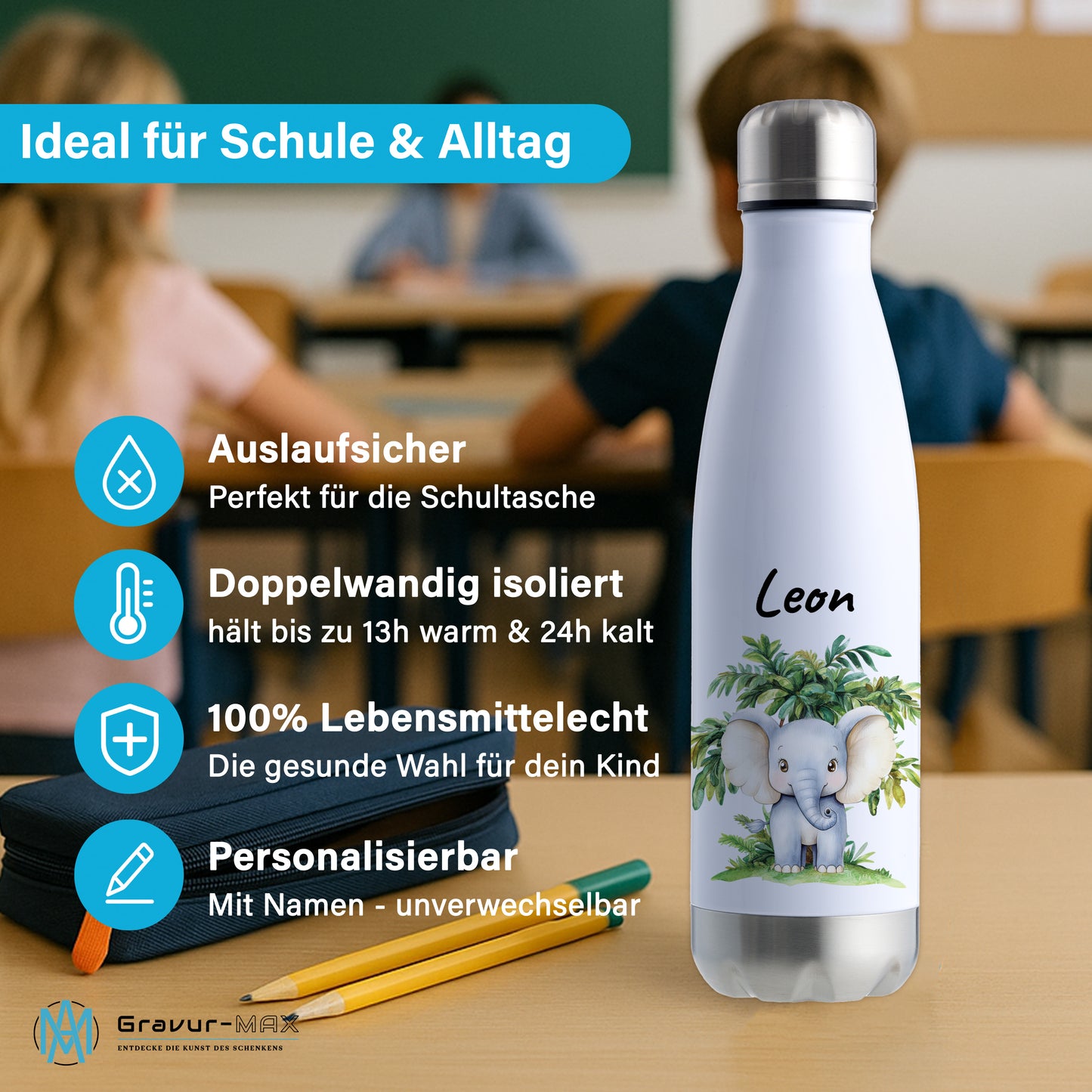Trinkflasche in Weiß/Silber 500ml aus Edelstahl bedruckt mit Dschungel Tieren"Elefant" personalisierbar für Kinder mit Wunschname