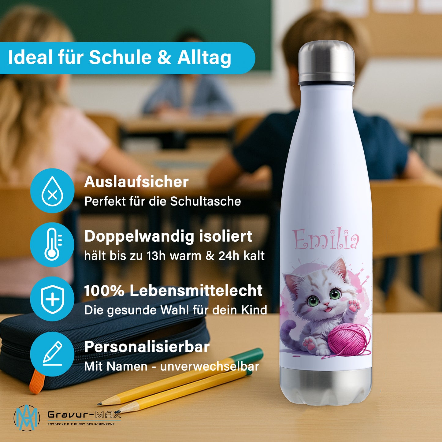 Trinkflasche in Weiß/Silber 500ml aus Edelstahl bedruckt mit niedlichen Tieren "Katze" personalisierbar für Kinder mit Wunschname
